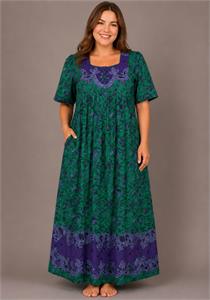 100% Cotton Green Floral Printed Long Lounger Dress